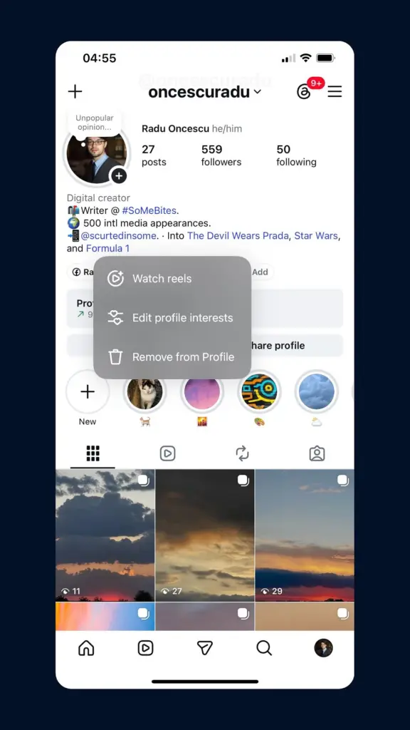 teste de interesses de perfil do instagram