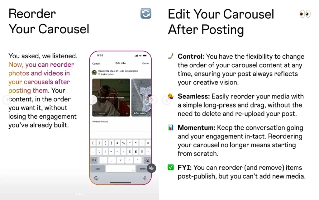 instagram reorder carousels update