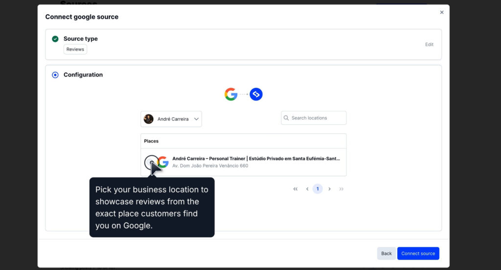 Picking the Google business location to fetch reviews.
