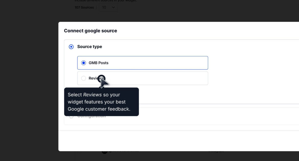 Selecting reviews as the primary source type.