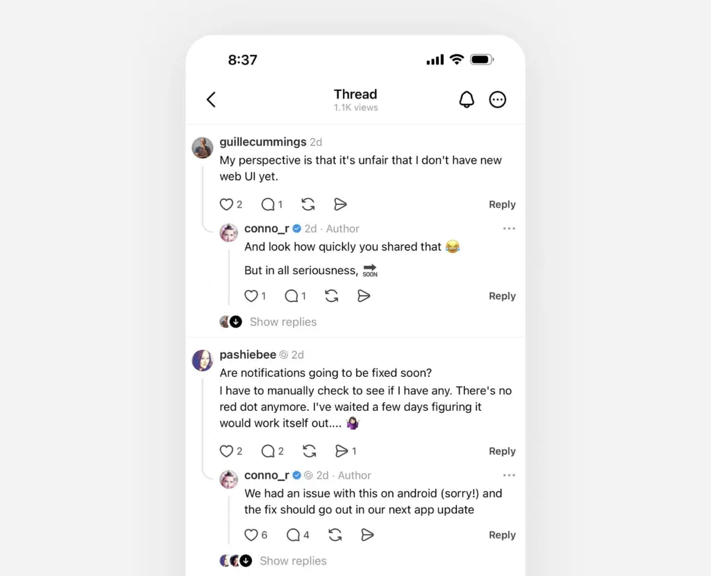 threads indented replies to posts