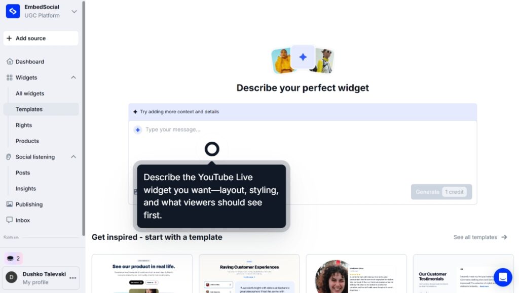 describing widget look via ai prompts in embedsdocial