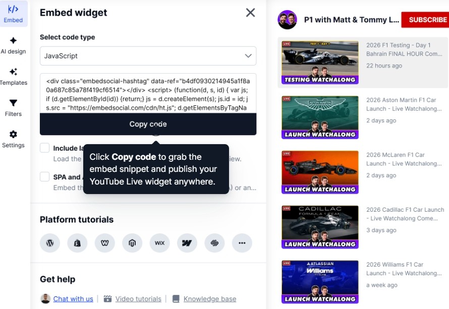 copying embeddable widget code in embedsocial editor