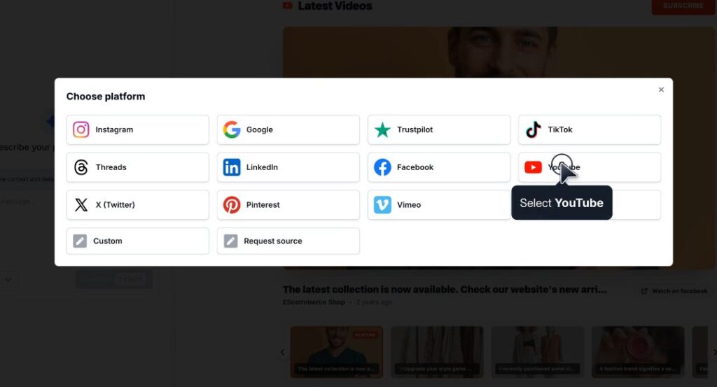 Select video source like YouTube