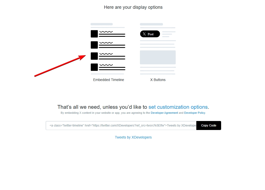 choose embedded timeline in twitter publish