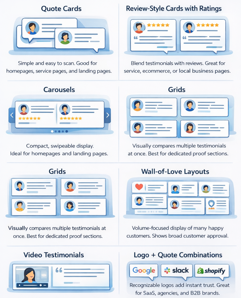 graphic showcasing different types of testimonial widgets